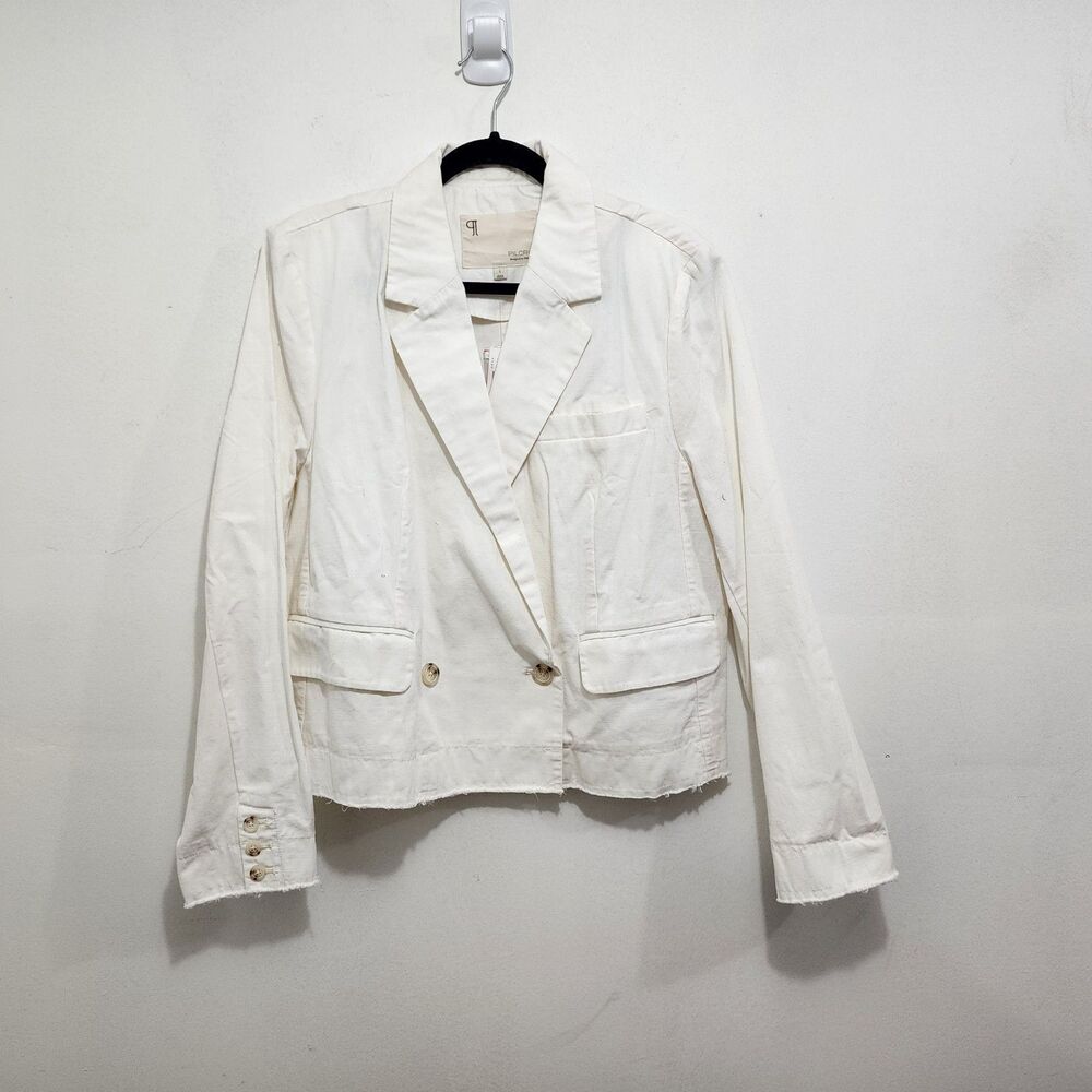 NWT Anthropologie Pilcro Fray Hem Blazer Ivory Double-Breasted Oversize Size L